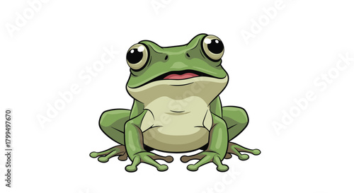 A cute green cartoon frog with big eyes is sitting and looking directly forward on a white background.