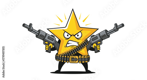 A fierce and armed golden star mascot with two machine guns and ammunition belts stands ready for action, radiating power and determination.