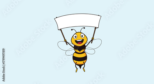A cheerful cartoon bee flies happily, holding a blank banner or sign, ready for custom text on a light blue background.
