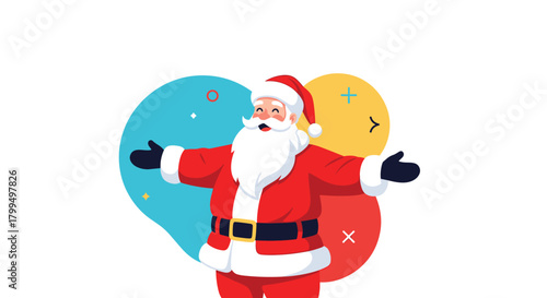 A friendly and cheerful cartoon Santa Claus extends his arms in a welcoming gesture, with colorful abstract shapes behind him.