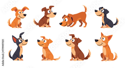A collection of eight friendly cartoon dogs in various poses and colors, perfect for children's designs or pet-themed projects.