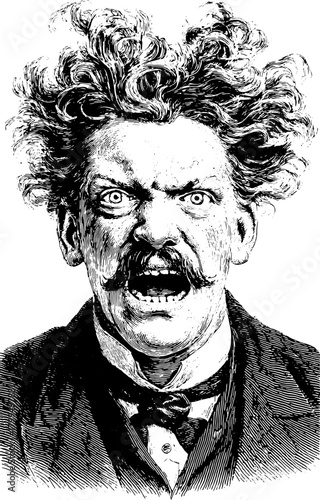 Angry man portrait in vintage illustration style. Black and white graphic with intense expression, featuring unique hairstyle, vector artwork.