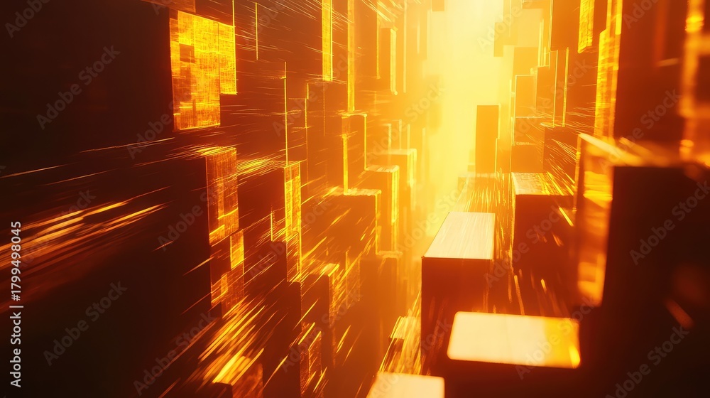 Fototapeta premium Abstract golden blocks moving through digital data stream