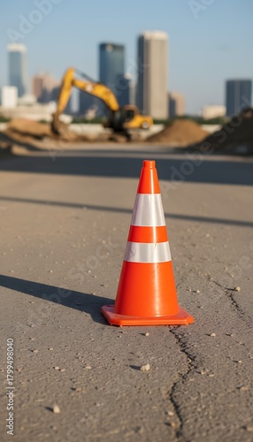 Close-up of a bright orange traffic cone on cracked asphalt