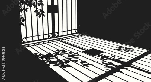 Monochromatic graphic depiction of an ornate gate with climbing vines, casting dramatic, elongated shadows across the ground, highlighting the stark contrast of light and dark