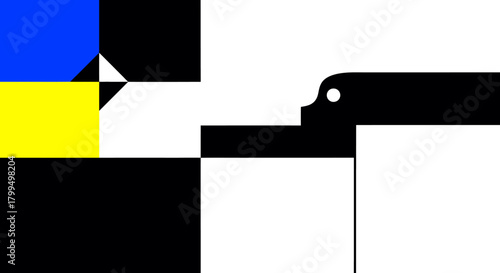 Abstract geometric composition in black, white, and blue and yellow, reminiscent of modern art and national symbolism