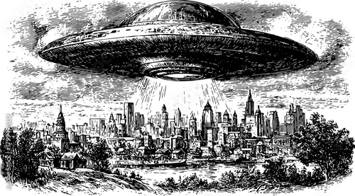 UFO engraving depicting a vintage cityscape. Detailed black and white drawing in a vector illustration style, featuring intricate outlines and shadows.