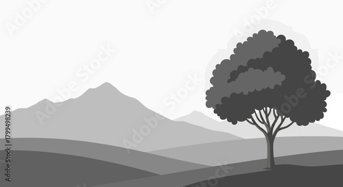 Minimalist grayscale vector art landscape featuring a solitary tree on rolling hills with majestic mountains in the distance, evoking a serene and peaceful natural environment design