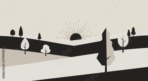 Minimalist Landscape with Sun and Trees Serene Vector Art Illustration for Graphic Design