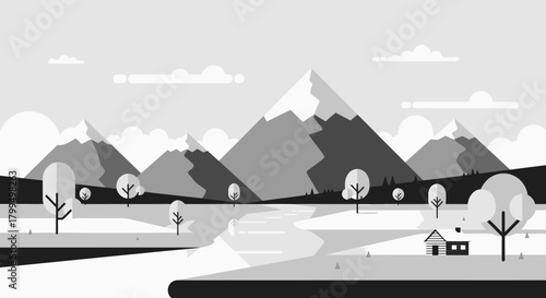 Grayscale vector landscape illustration. Snow-capped mountains, tranquil river, trees, and a small house. Minimalist flat design art for serene natural beauty