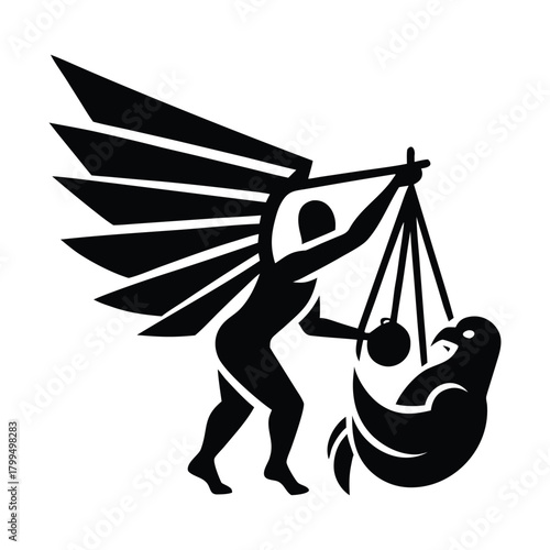 Silhouette of man with wings carrying eagle with sling isolated on white background