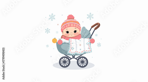 Little baby in stroller enjoying a snowy day