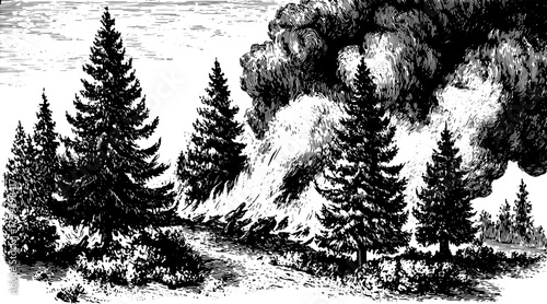 Engraving of trees with fire and smoke in a vintage style. Black outline and hand-drawn details create a striking nature set vector illustration.