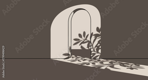 Minimalist illustration of an arched doorway, bathed in soft, natural sunlight, casting intricate plant shadows across the floor and wall, creating a serene and modern aesthetic