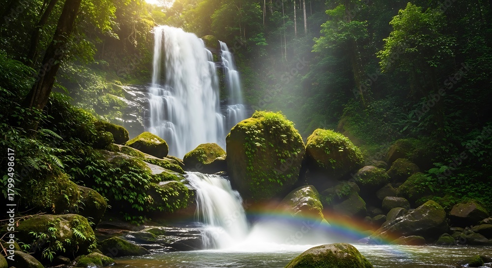 Obraz premium Majestic Waterfall with Rainbow in Lush Green Forest.