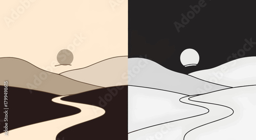 A captivating minimalist vector art illustration contrasting the peaceful daytime and mysterious nighttime views of a winding road through rolling hills, bathed in sun and moonlight