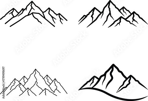 Minimalist mountain range outline vector icons and emblems set.