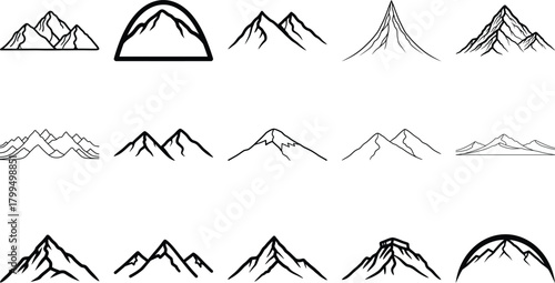 Mountain icons line art set. nature outline elements collection.