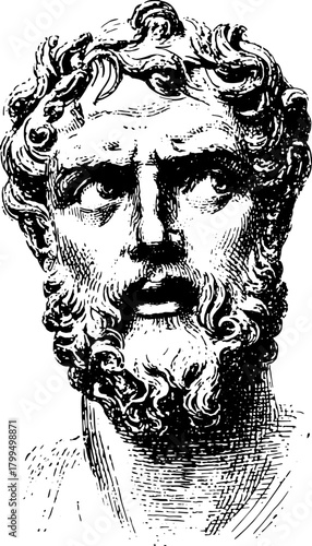 Antique engraving of a classic portrait. A detailed line drawing featuring a face in a vintage style vector illustration.