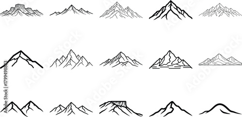 Collection of distinct line art mountain peak illustrations set.