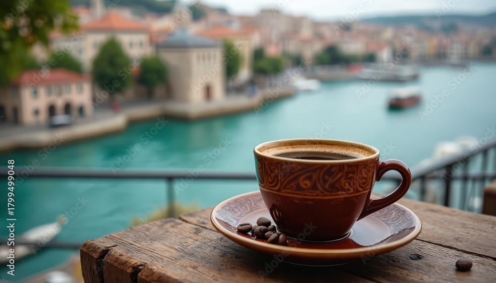 Obraz premium Brown ornate coffee cup sits on rustic wooden table at outdoor cafe balcony. Historic old town buildings line vibrant turquoise river water. Enjoying warm hot morning drink with beautiful scenic