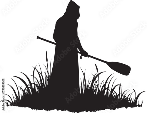 Black silhouette of person in robe holding oar in tall grass