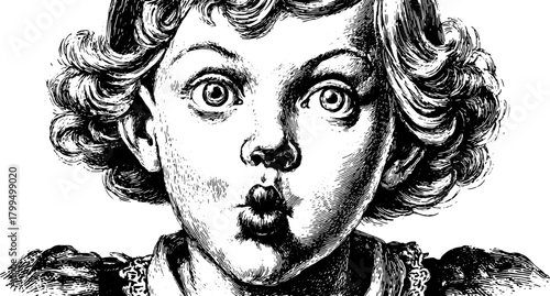Antique engraving print showcasing a child's expressive features and curls. Vintage vector illustration in black and white.