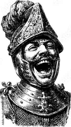 Antique engraving of a laughing warrior. This detailed vector illustration showcases vintage style with a dramatic expression.
