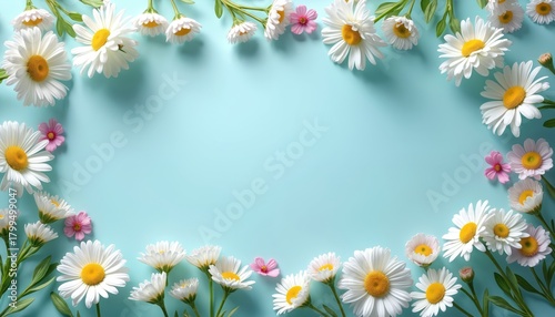Wallpaper Mural White daisies and pink flowers form a vibrant border on a light blue background. Floral arrangement offers space for text, suitable for invitations, cards, or social media posts. Torontodigital.ca