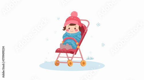 Happy baby sitting in stroller on snowy ground