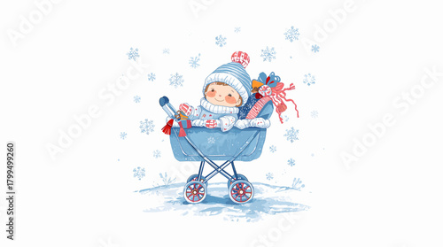 Cute baby in blue stroller surrounded by snowflakes