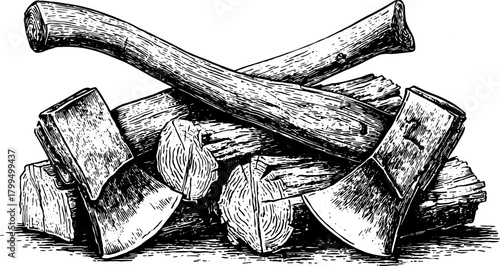 Axe and firewood set in a vintage engraving style. Detailed vector illustration suitable for rustic crafting themes.