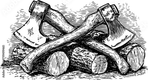 Vintage illustration of crossed axes on logs, highlighting detailed craftsmanship in a traditional style. This is a woodworking vector illustration.