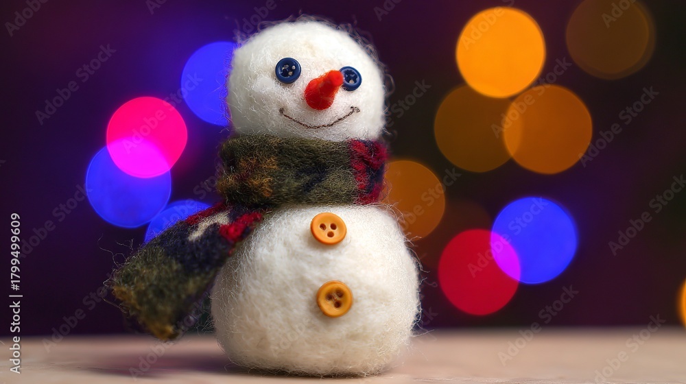 Obraz premium felt snowman with button eyes, stitched scarf, wool texture, soft warm winter lighting, handmade craft style