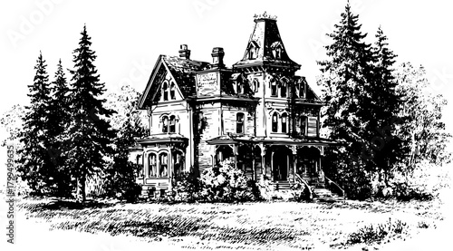 Vintage house engraving in detailed line drawing. This classic mansion is depicted in an outdoor landscape as a black and white vector illustration.