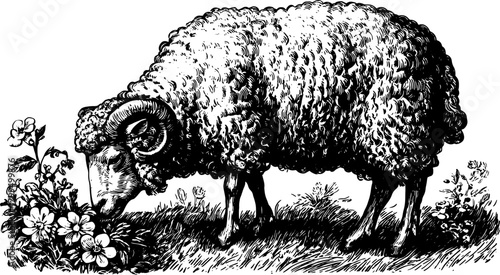Vintage illustration of a sheep grazing among flowers in black and white. This detailed vector set captures a classic engraving style.