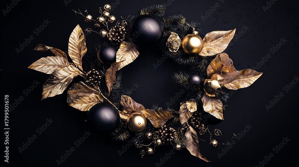 Naklejka premium luxury Christmas wreath with gold leaves and matte ornaments, black background