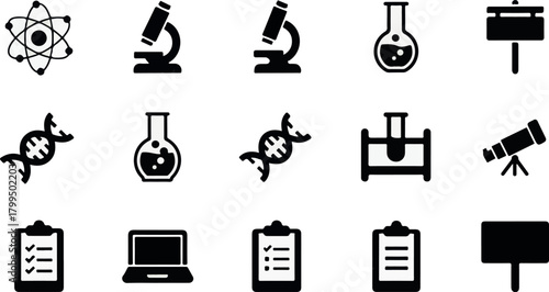 Science, physics, and chemistry black fill icon set, including laboratory, lab research, experiment, test tubes, scientific equipment, and education icons.