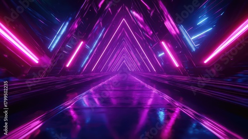 Fototapeta Naklejka Na Ścianę i Meble -  Futuristic neon light tunnel geometric triangular glowing