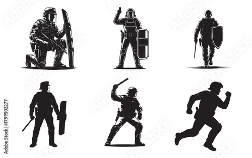 Riot Police Silhouettes Vector Set.