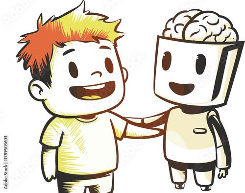 Human and robot friendship cartoon illustration, colorful character duo vector, spiky-haired child and brainy bot icon pack, playful tech design