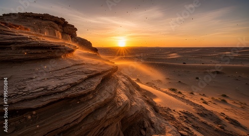 Dramatic Desert Sunset Over Dunes with Sand Blowing Across Layered Rock Formations