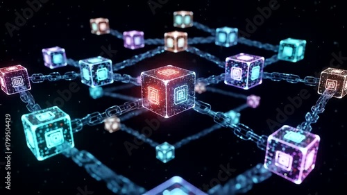 Futuristic Blockchain Network Visualization - Interconnected Cubes in Digital Space.