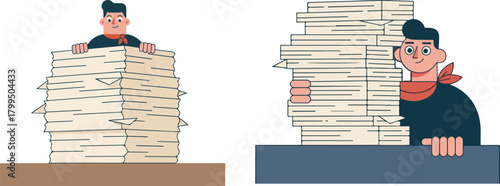Office Worker Drowning in Paperwork Funny Flat Vector Illustration