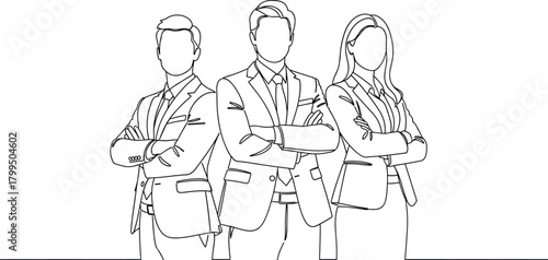 Business team line art, corporate professionals, leadership pose, arms crossed, black and white drawing, suits, teamwork