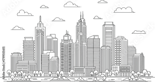 City skyline line drawing, black and white buildings, urban park, trees and shrubs, clouds, modern architecture, minimalist sketch