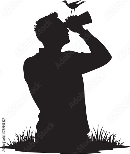 Silhouette man looking through binoculars with bird on top