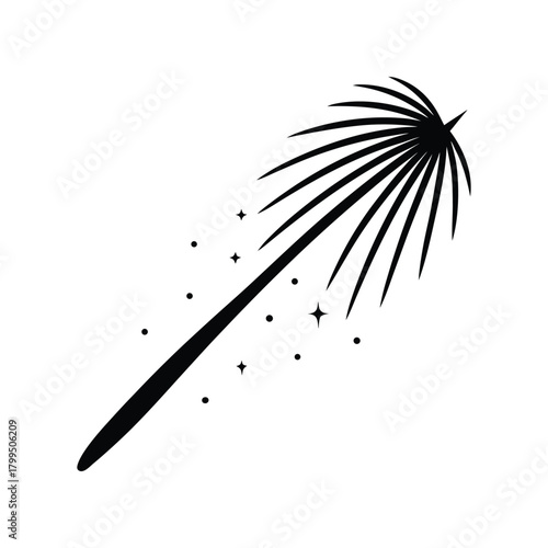 Stylized shooting star with a radiant trail and twinkling dots, representing a celestial event or a magical spark, isolated on a white background
