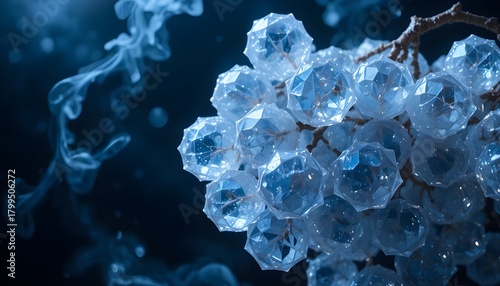 Cluster of frozen crystal grapes, each grape faceted like diamond ice, shimmering moonlight reflections, cold mist swirling around, ultra-sharp macro shot, premium glossy texture, fantasy aesthetic, h