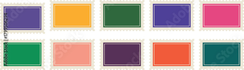 Colorful postage stamp illustration, ten stamps, perforated edges, vibrant colors, design reference, art layout, minimal style, collection